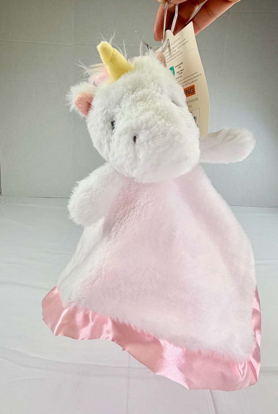 Cloud Island White Unicorn Security Blanket with Pink Satin Trim